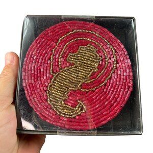 NEW Waterford Fine Linens Set Of 4 Beaded Seahorse Coasters 4" Round Red & Gold